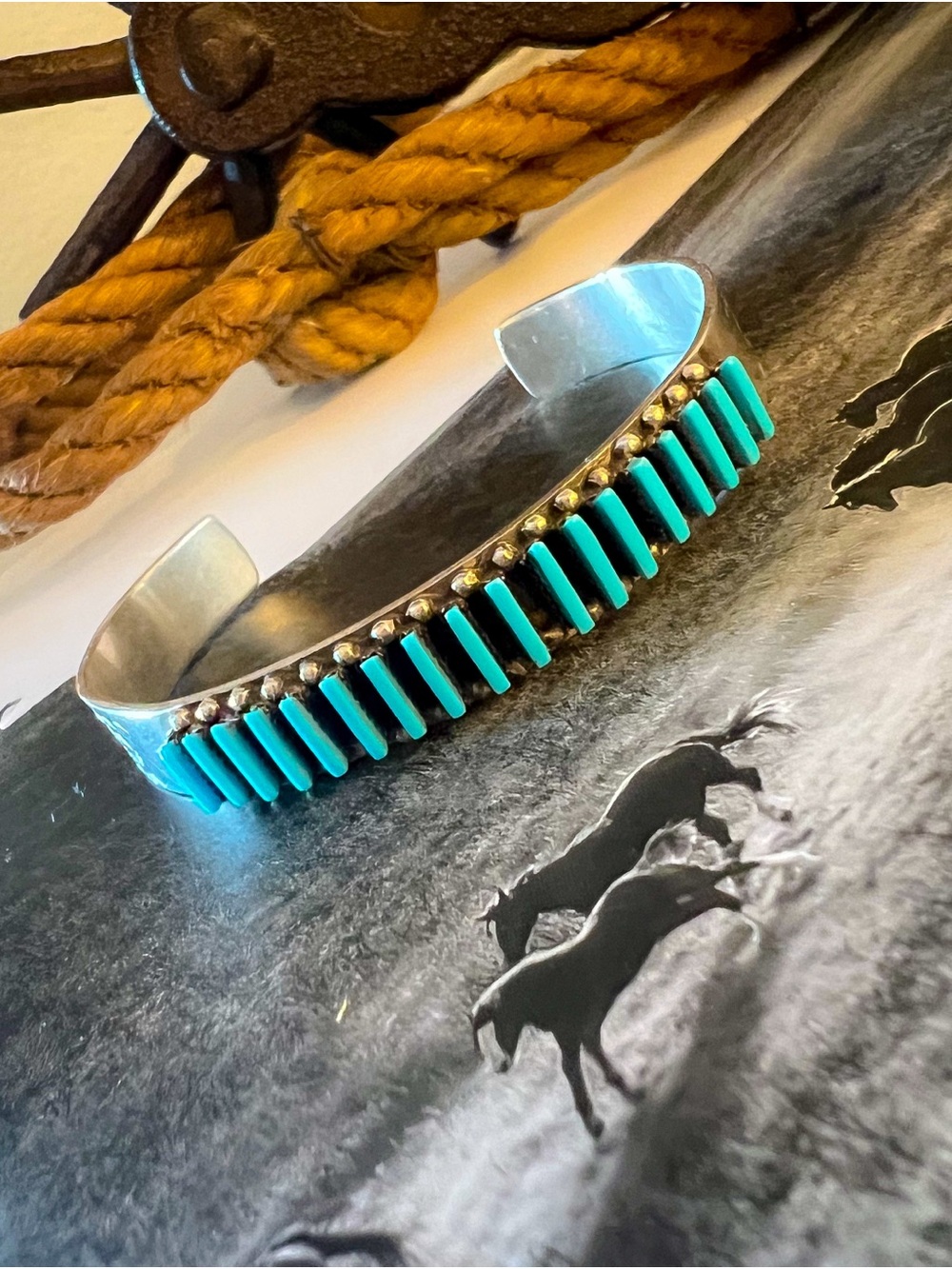 Turquoise Silver Cuff Bracelet with Beaded Accent